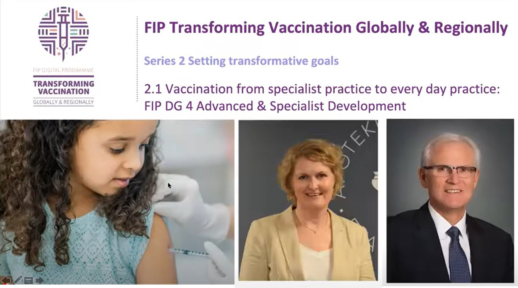 Temaet for FIP-sesjonen var hvordan influensavaksinering har gått fra å være en spesialisttjeneste til å bli hverdagslig praksis. Hanne Andresen og Greg Eberhart var to av foredragsholderne.